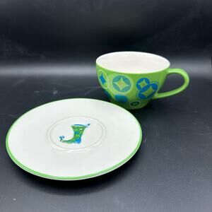 Starbucks Coffee Cup and Saucer Holiday 2006 Green & Yellow Stocking 12 oz